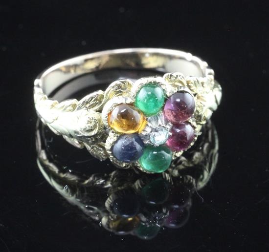 A late Victorian gold and multi-gem set Dearest ring, size J.